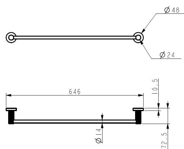 Technical drawing of the IKON Linie Single Towel Rail 600mm