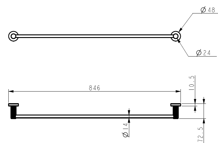 Technical drawing of the IKON Linie single Towel Rail 800mm
