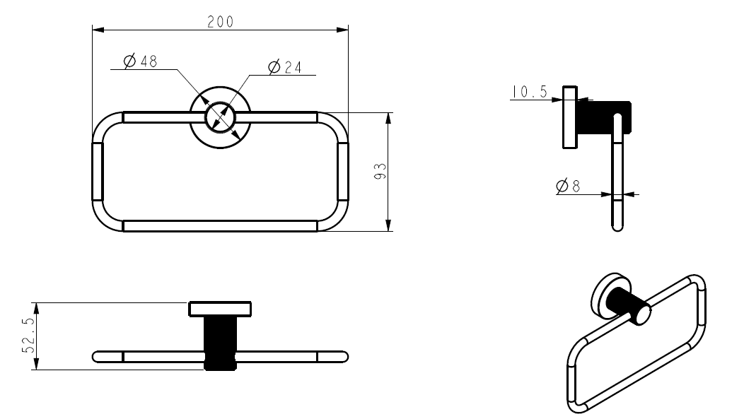 Technical drawing of IKON Linie Towel Ring in Solid Brass Bathroom Hand Towel Holderwith dimensions and details