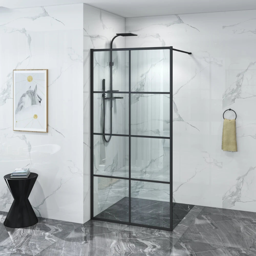 Modern industrial bathroom featuring an 8-grill framed walk-in shower panel with support arm.