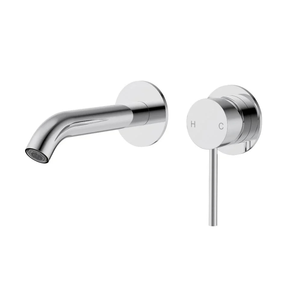 Modern chrome wall-mounted bathroom tapware set with minimalist round handle and spout