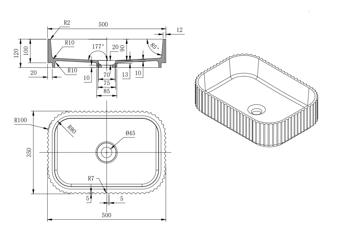 Lukka Japser Fluted Solid Surface Above Counter Basin | 500×350×120 mm | Gloss White, Matt White, Matt Black