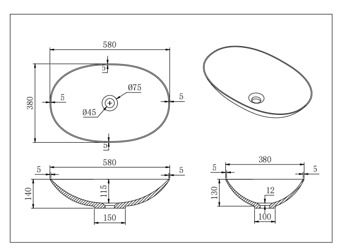 Kirra Solid Surface Art Basin Matt White dimensions drawing