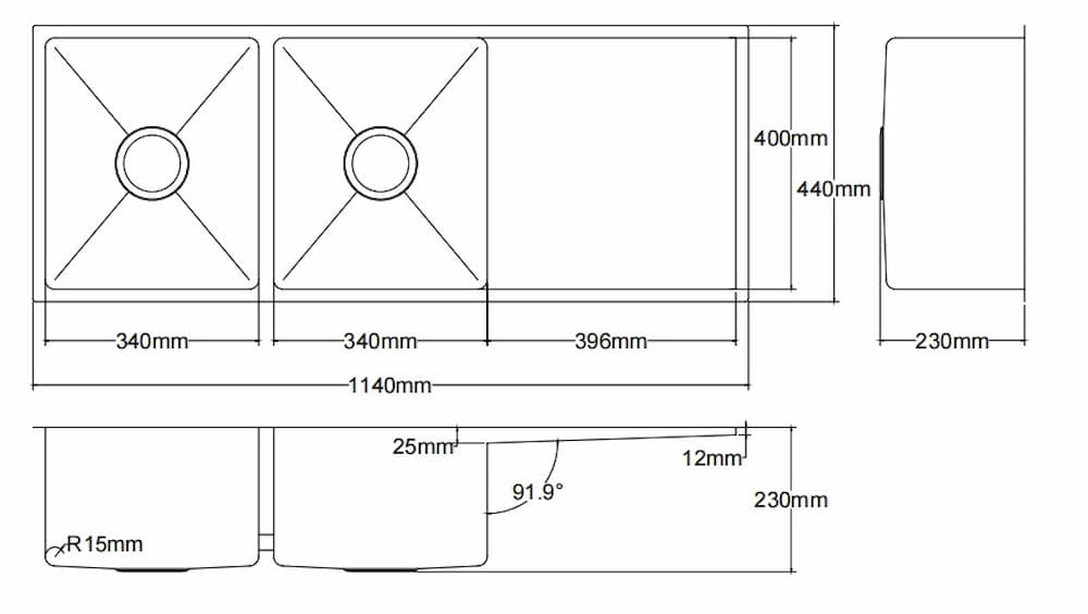 Kliff Double Bowl Sink 1140mm dimension drawing