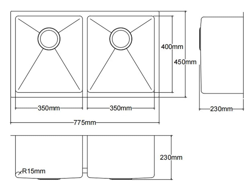 Kliff double bowl kitchen sink dimensions diagram, 775x450x230mm, Secasa Home