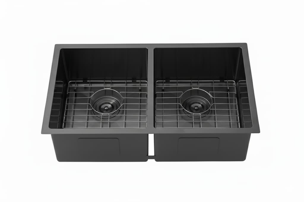 Modern gun metal double bowl kitchen sink with grid, Secasa Home renovation product