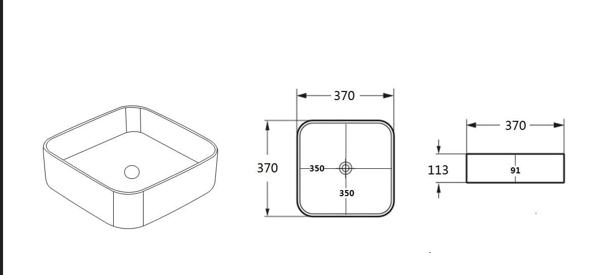 Square bathroom basin dimensions diagram, 370x370mm, modern sink for Secasa Home vanities