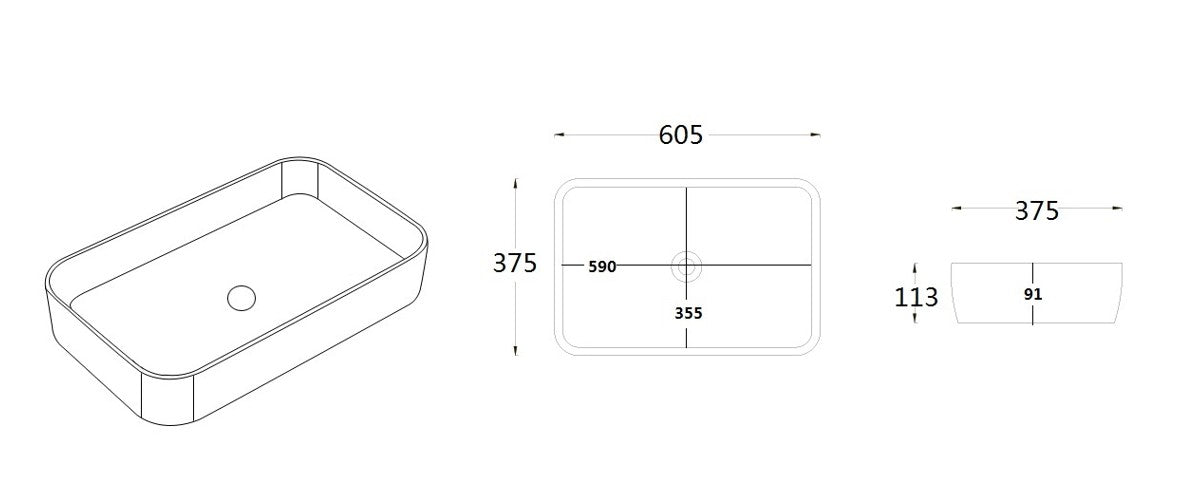 Rectangular bathroom sink dimensions diagram, 605x375x113mm, Secasa Home.