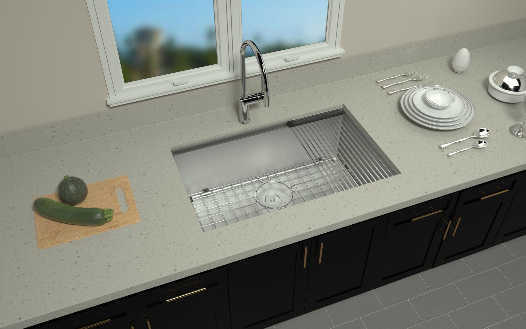 Large 810mm Kliff handmade stainless steel sink in a modern kitchen setting.