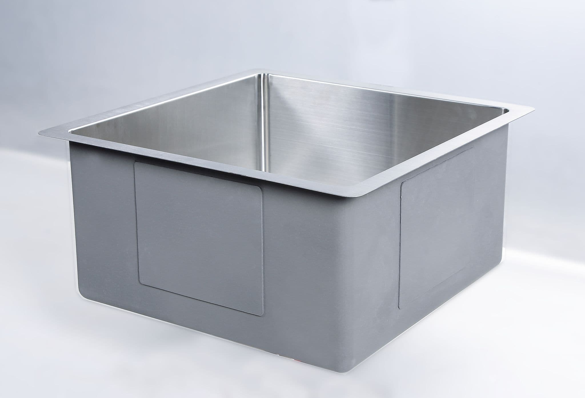 Side perspective of the Kliff LK-SSK40 brushed stainless steel single bowl kitchen sink.