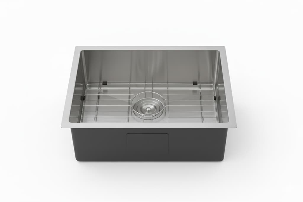 Modern brushed stainless steel single bowl kitchen sink with grid, Secasa Home