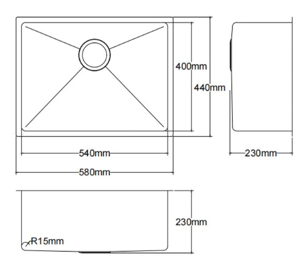 Secasa Home Kliff single bowl kitchen sink technical diagram with dimensions 580x440x230mm.