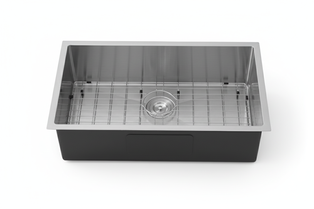 Modern brushed stainless steel single bowl kitchen sink with protective grid, Secasa Home