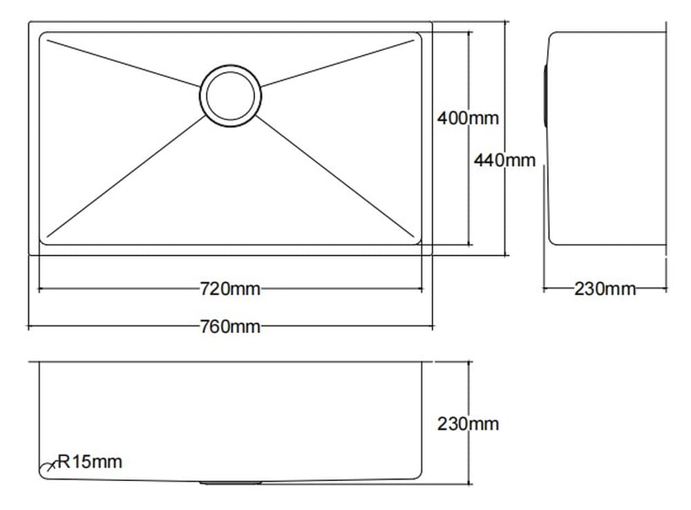 Technical drawing of Secasa Home Kliff single bowl kitchen sink with measurements.