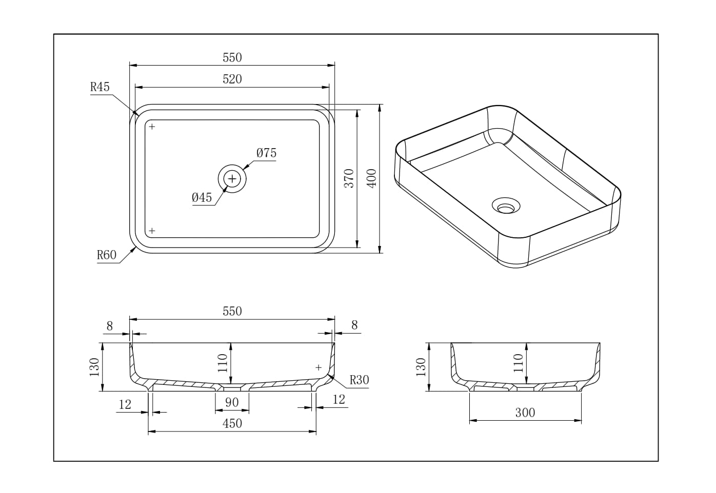 Kliff Basin Technical drawing of a rectangular sink with dimensions