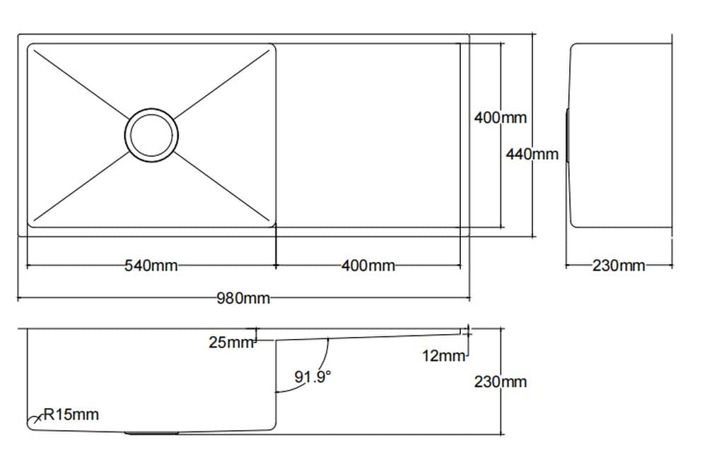 Kliff Stainless Steel Sink 980 mm dimension drawing