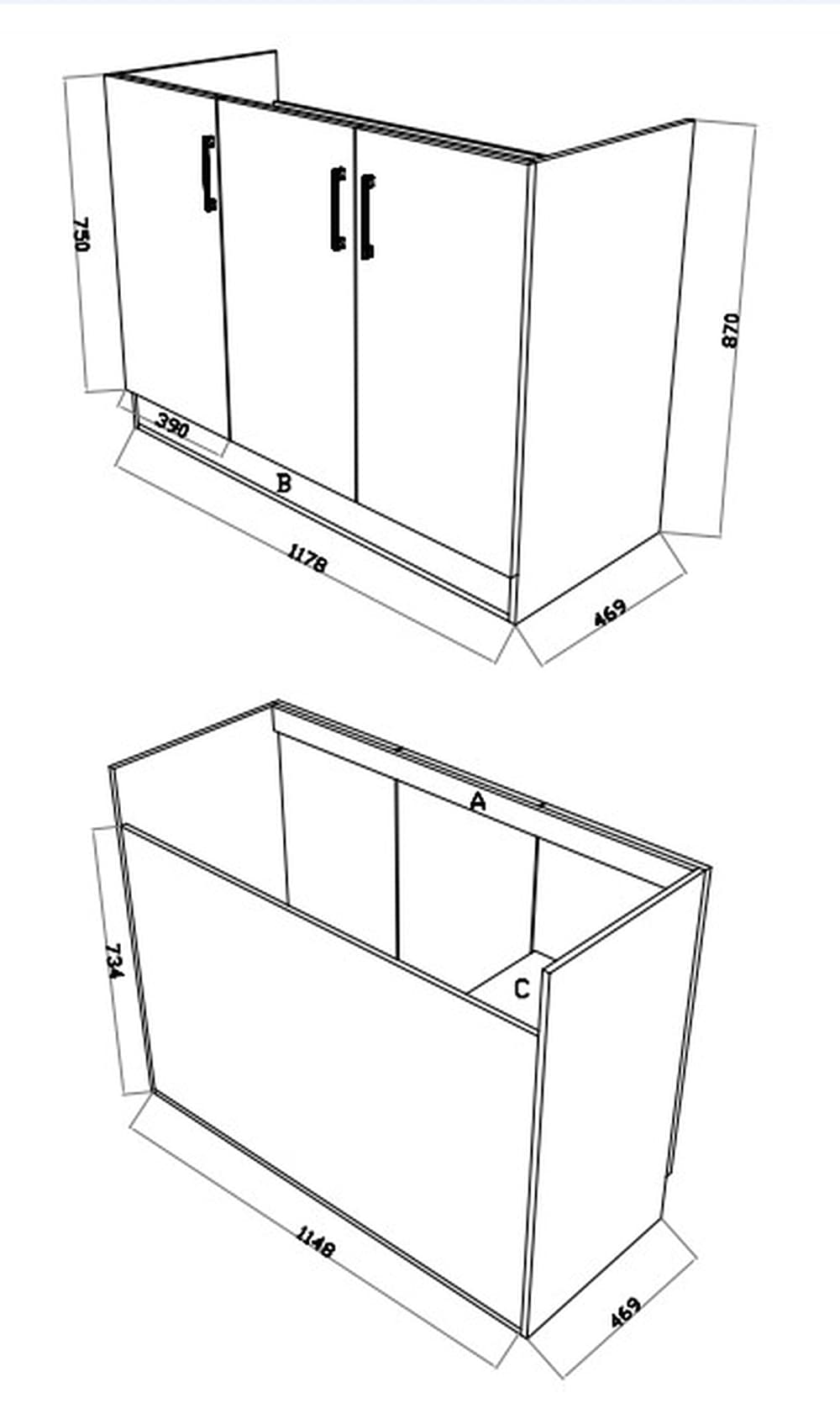 Technical drawing of KM1248 PVC Kitchenette Cabinet dimensions – 1180×485×900mm white waterproof cabinetry