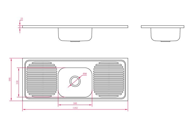 Technical drawing of KM1248 Stainless Steel Sink dimensions – 1180×485×235mm single bowl with drainer