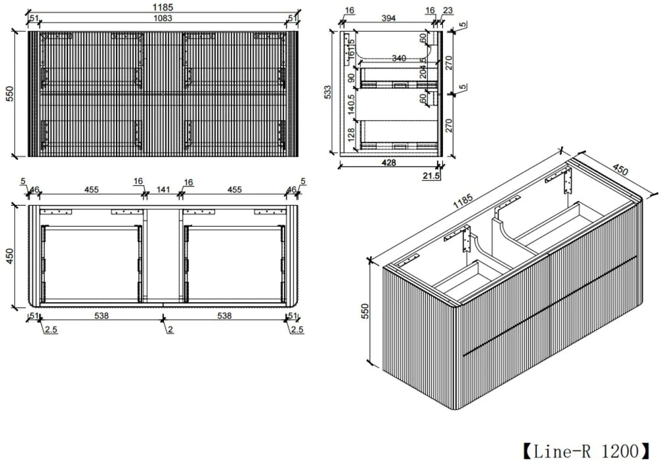Sunny Sleek Curved Edges Line Curved White Fluted Wall Hung Vanity 600-1500mm