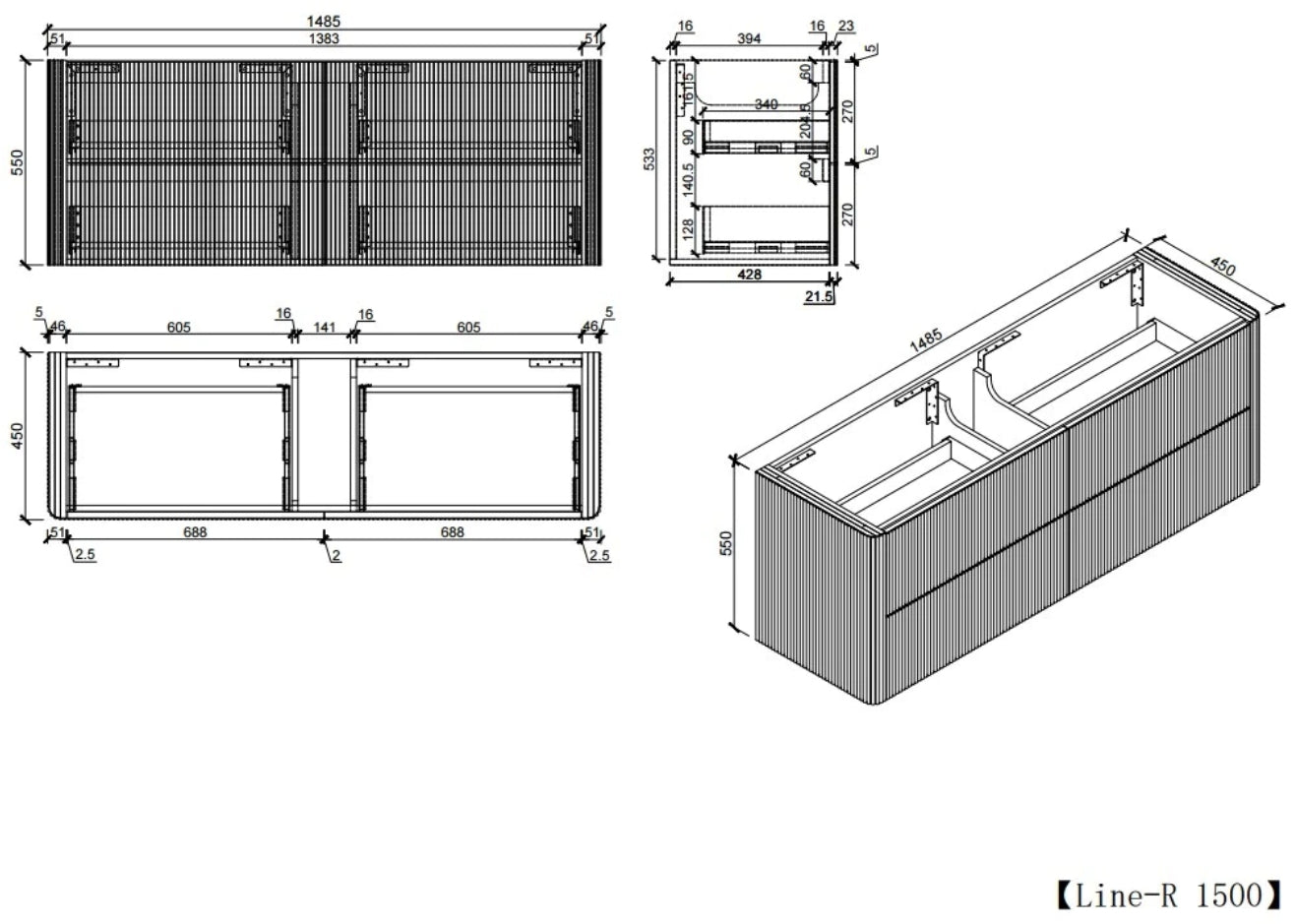Sunny Sleek Curved Edges Line Curved White Fluted Wall Hung Vanity 600-1500mm