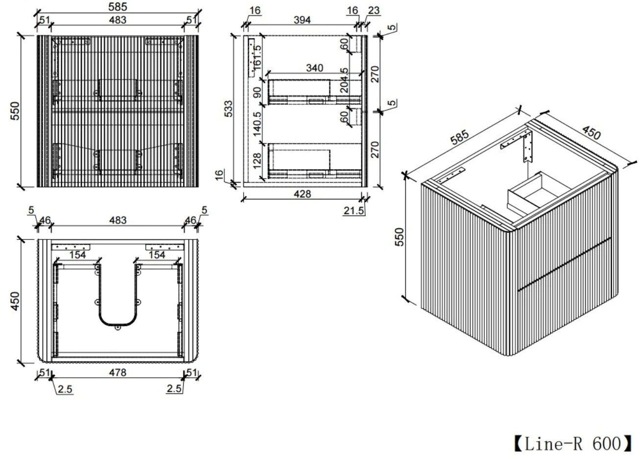 Sunny Sleek Curved Edges Line Curved Matt White Fluted Wall Hung Vanity 600-1500mm