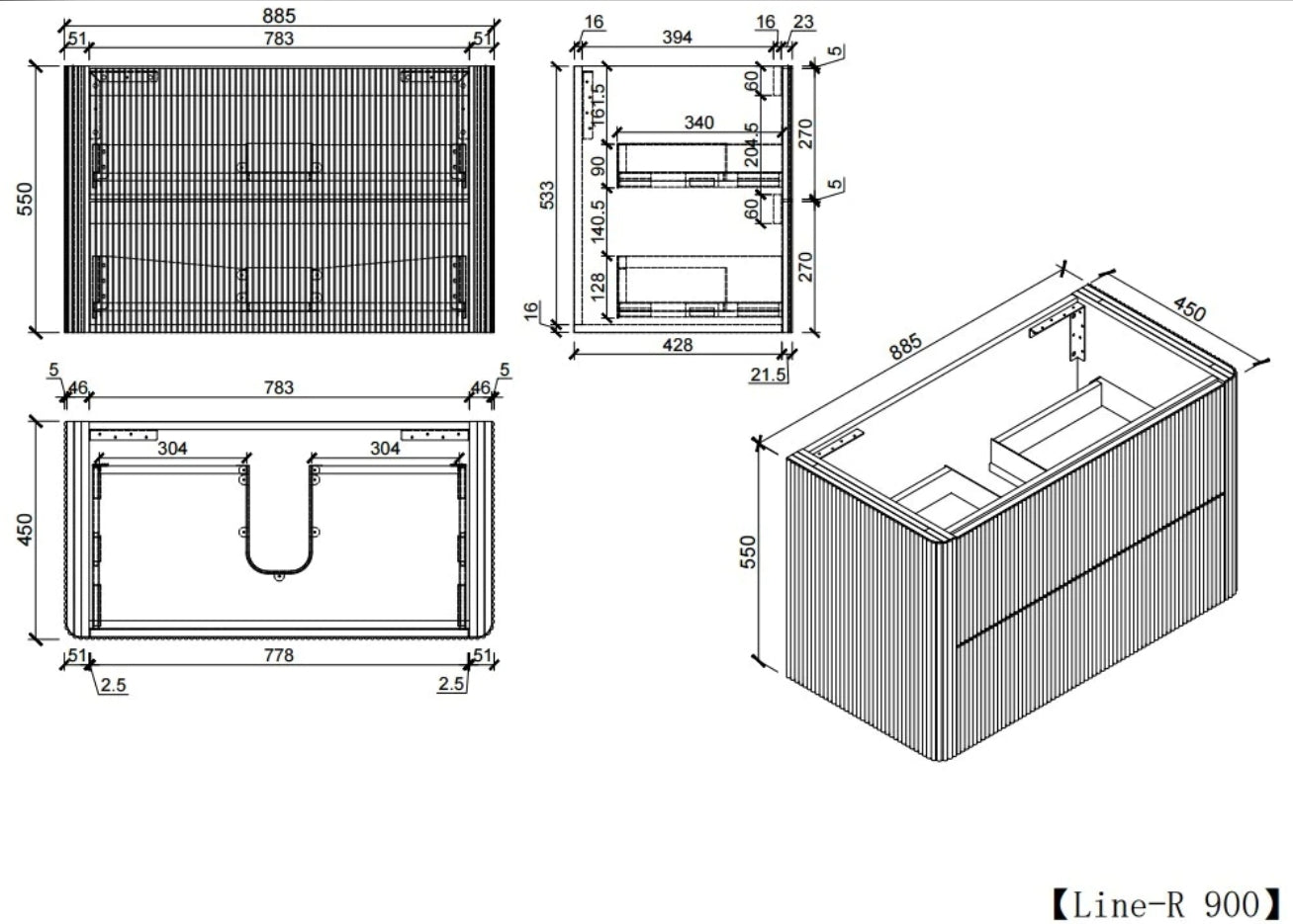 Sunny Sleek Curved Edges Line Curved White Fluted Wall Hung Vanity 600-1500mm