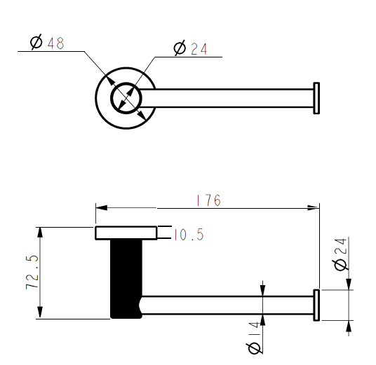 Technical drawing of IKON Linie Toilet Roll Holder Solid Brass Bathroom Accessory on a white backgroundcomponent with dimensions