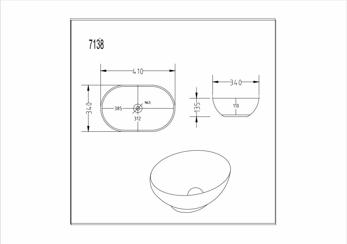 Technical diagram for Lukka Birch oval basin LK-BA410 showing dimensions: 410mm Length x 340mm Width x 135mm Height