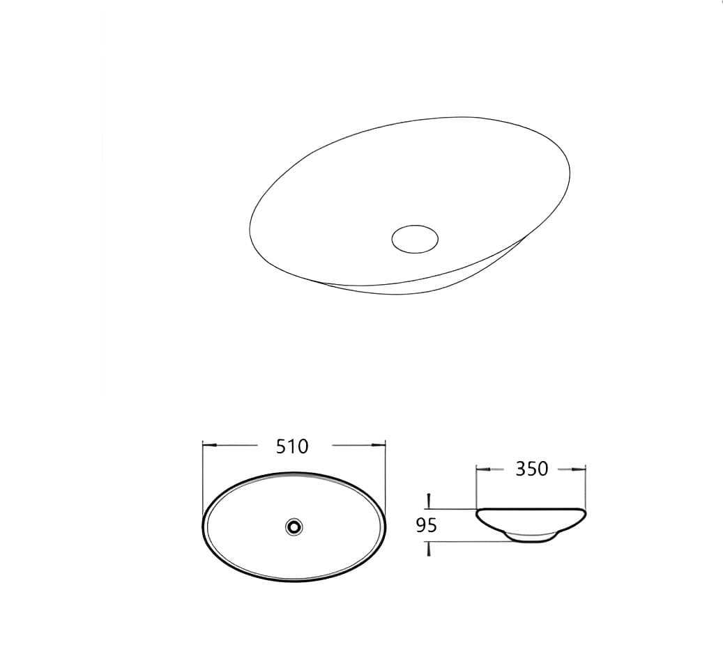 Technical diagram for Lukka Cabrita basin LK-CBA510 showing dimensions: 510mm Length x 350mm Width x 130mm Height.