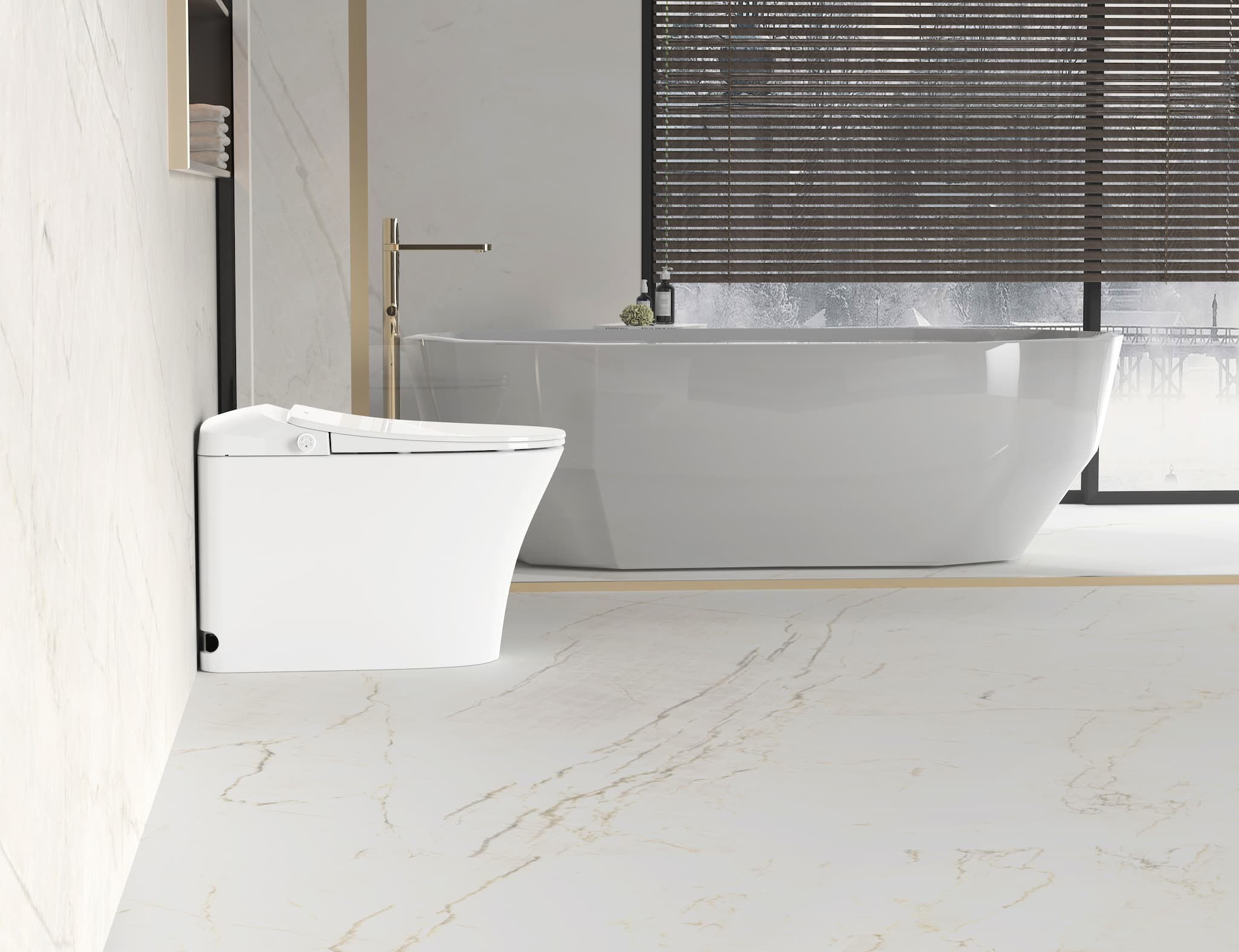 Modern bathroom with a freestanding bathtub and Lukka SAMOS Back to Wall Smart Toilet in gloss white