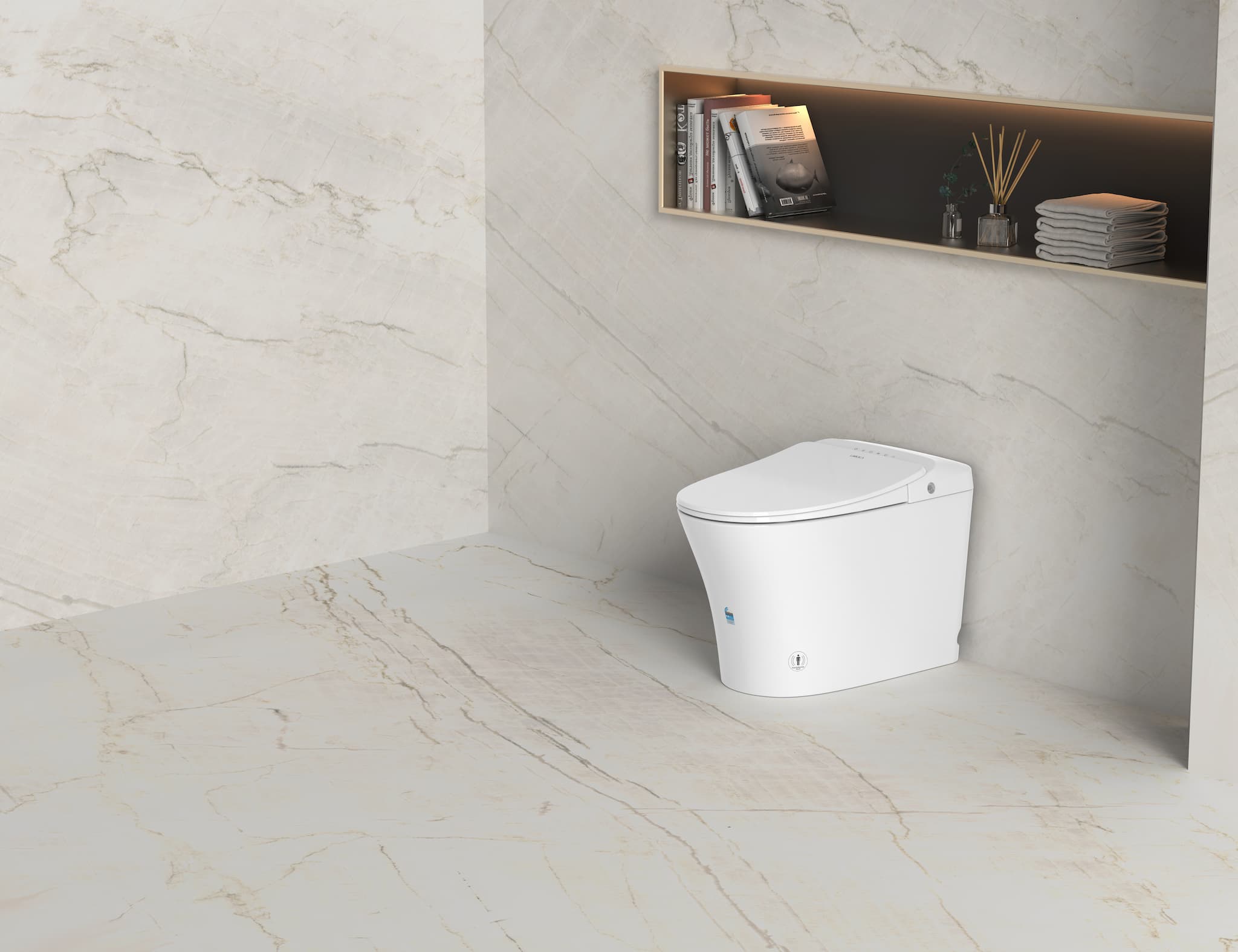 Lukka SAMOS Back to Wall Smart Toilet in gloss white in a bathroom with marble walls and floor