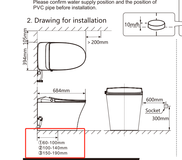 Technical drawing showing dimensions and trap measurements for Lukka SAMOS Back to Wall Smart Toilet.