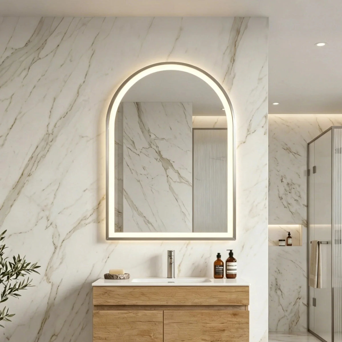 Lukka Arco framed LED arch bathroom mirror – lifestyle view