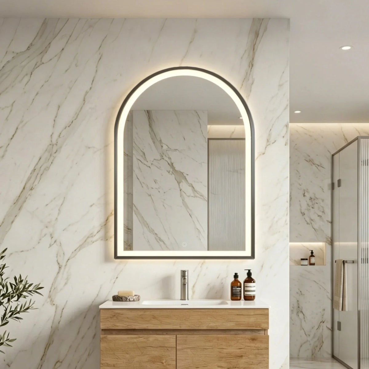 Lukka Arco framed LED arch bathroom mirror – lifestyle view