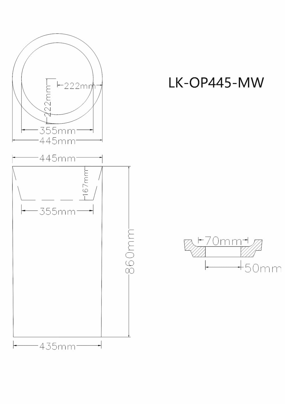 Dimension diagram of Lukka Carrida Fine Ceramic Free Standing Pedestal Basin, 445×455×860 mm, Matte White finish, round shape