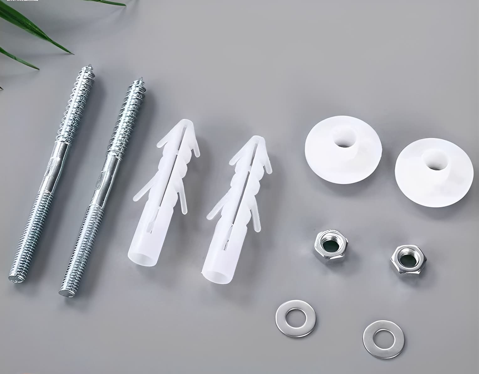 Fine Ceramic Wall Hung kit : Set of screws, bolts, and washers on a gray surface with green leaves.