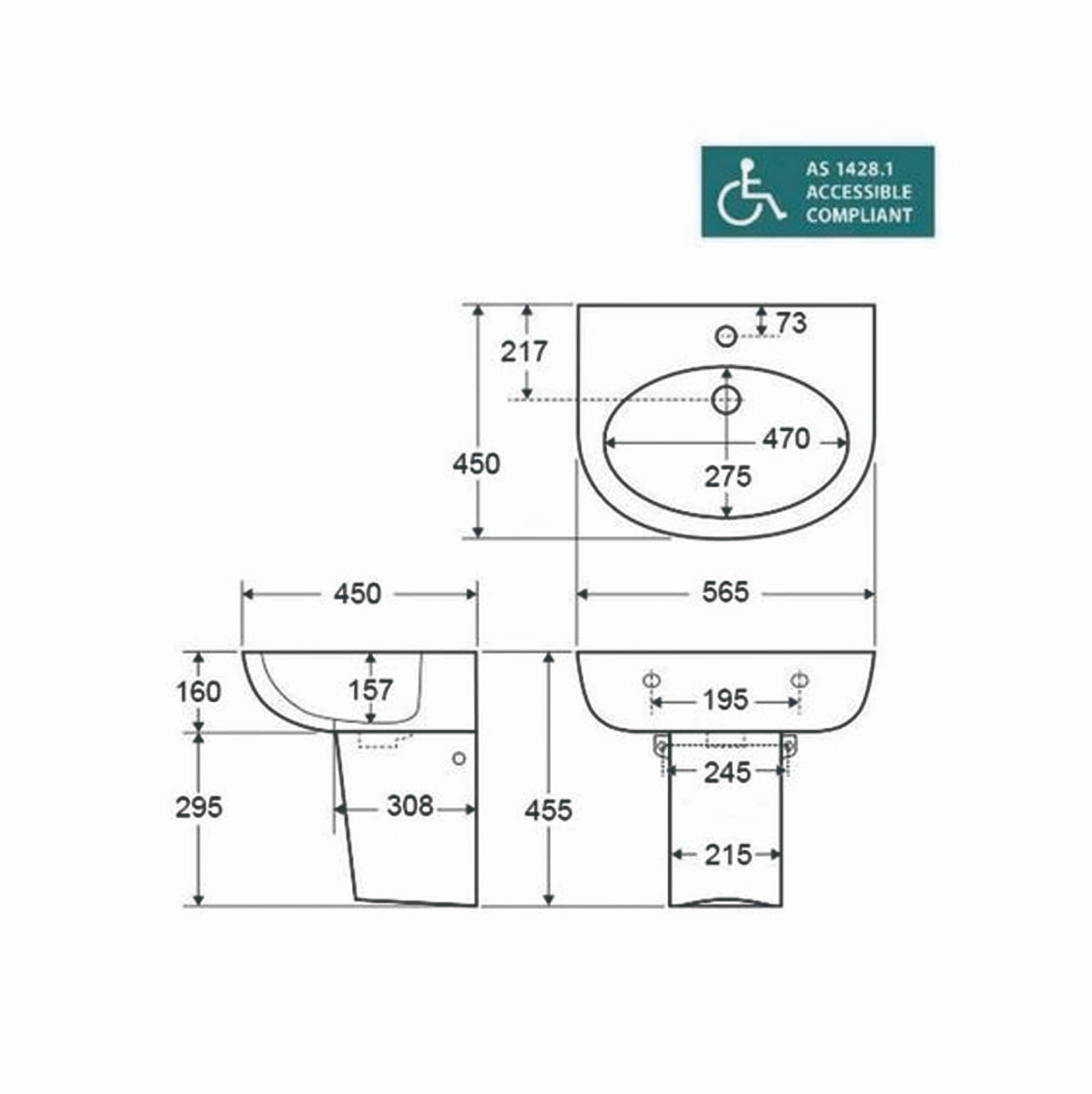 Dimension diagram of Lukka Carrida Fine Ceramic Wall Hung Care Basin+ Pedestal, Gloss White finish, oval shape