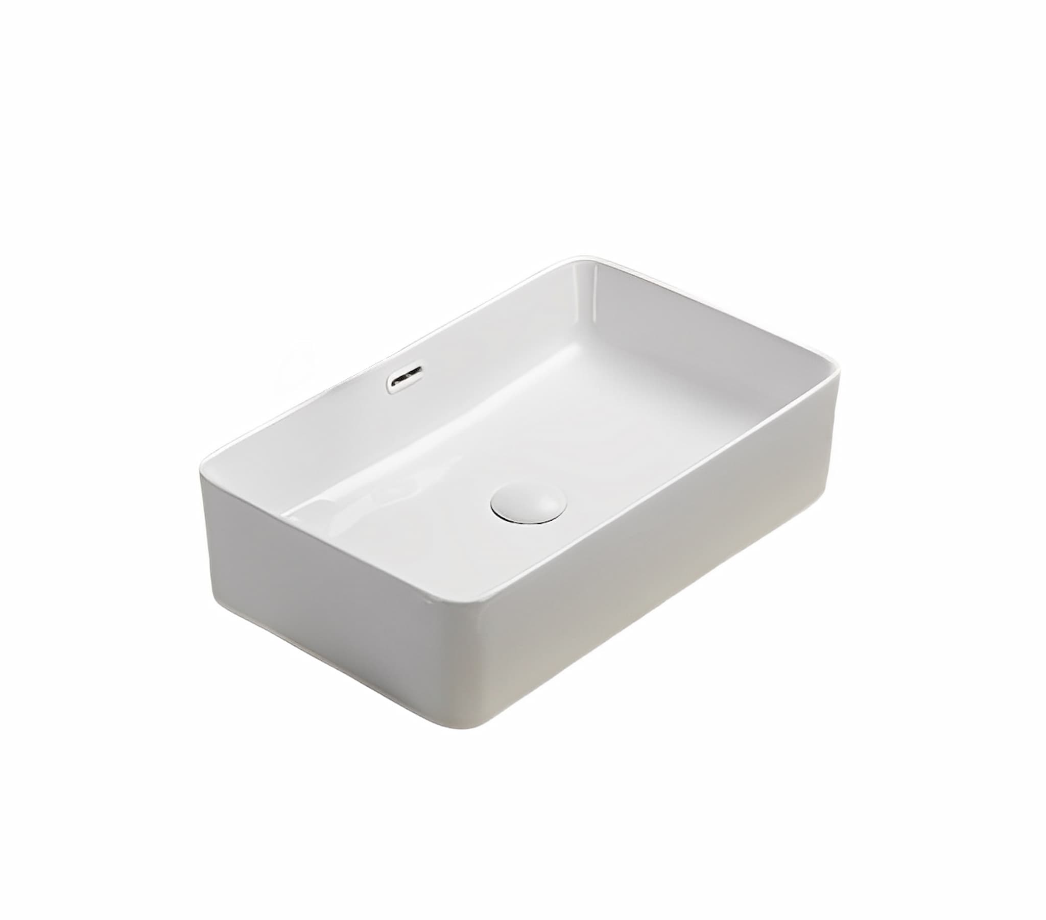 Lukka Crete 550mm rectangular fine ceramic above counter basin (LK-CA555-OF) in Gloss White, featuring a generous profile and built-in overflow.