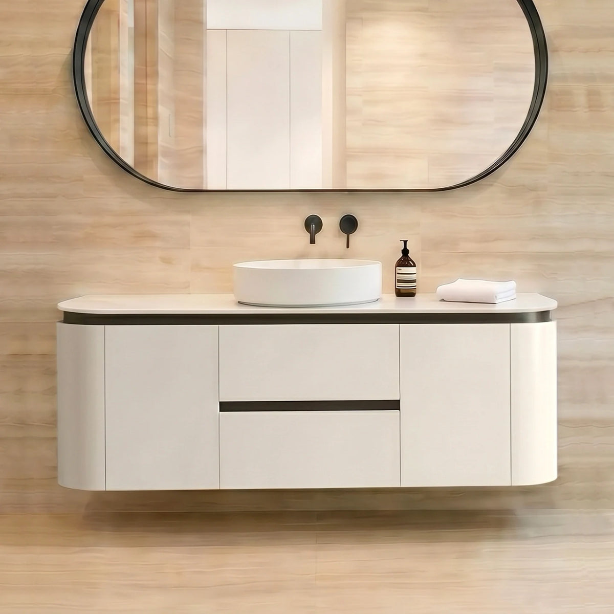 Lukka Devito 1200mm Black & White PVC wall hung vanity bathroom setting; top and basin sold separately