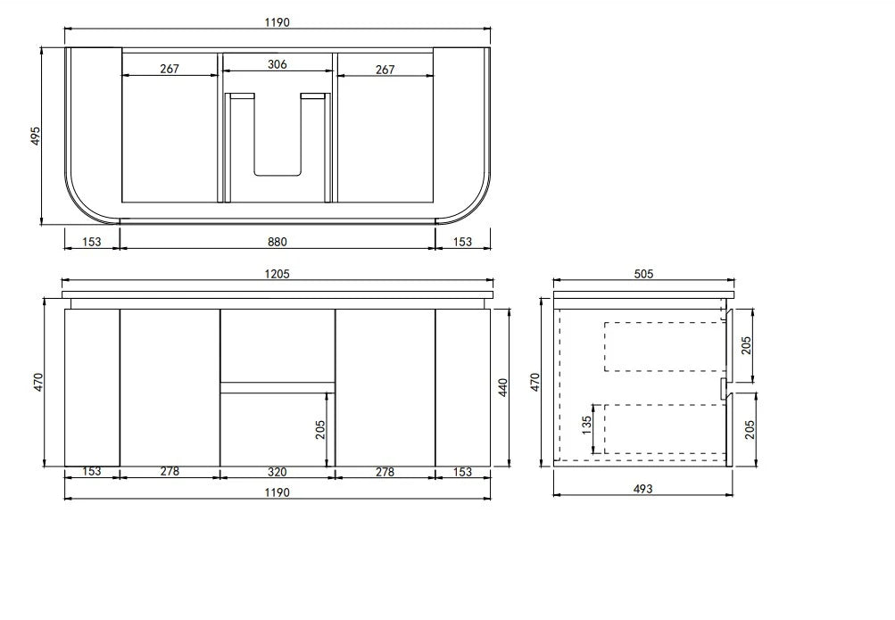 Lukka Devito 1200mm Black & White PVC wall hung vanity dimensions drawing; top and basin sold separately