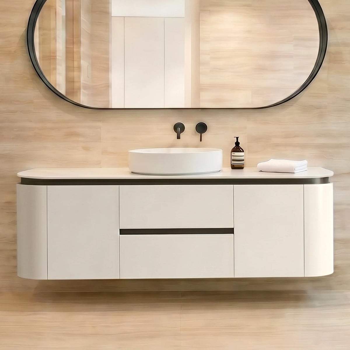 Lukka Devito 1500mm Black & White PVC wall hung vanity bathroom setting; top and basin sold separately