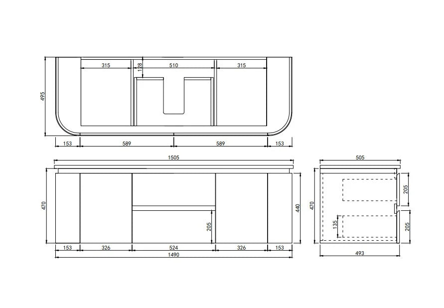 Lukka Devito 1500mm Black & White PVC wall hung vanity dimensions drawing; top and basin sold separately