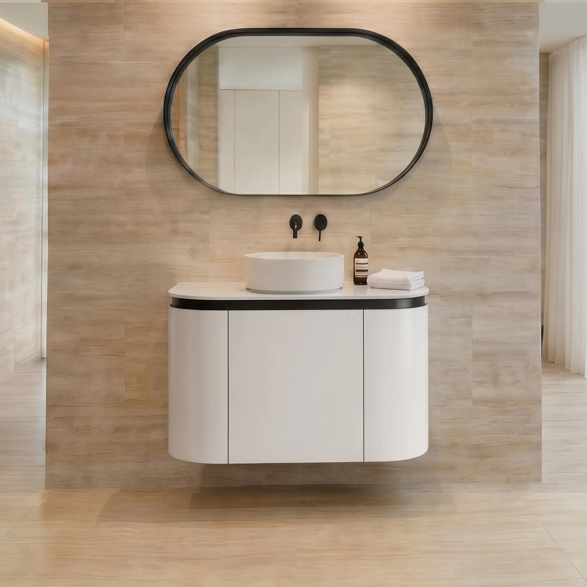 Lukka Devito 600mm Black & White PVC wall hung vanity bathroom setting; top and basin sold separately