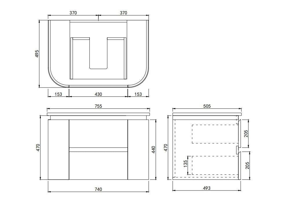 Lukka Devito 750mm Black & White PVC wall hung vanity dimensions drawing; top and basin sold separately