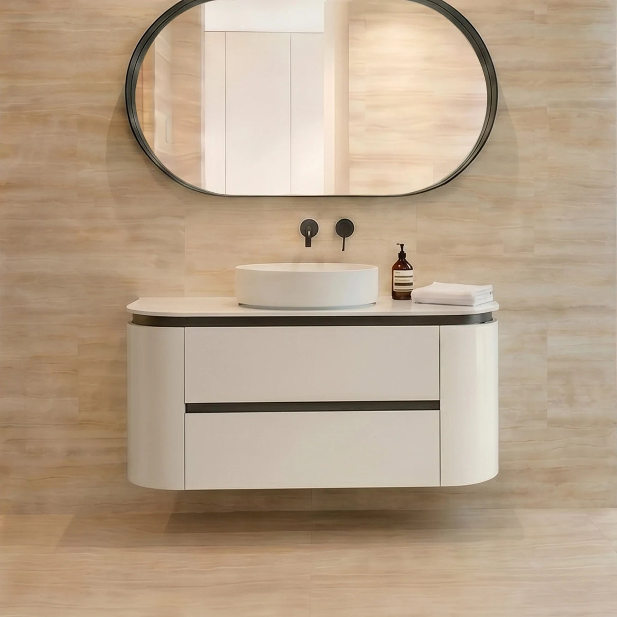 Lukka Devito 900mm Black & White PVC wall hung vanity bathroom setting; top and basin sold separately