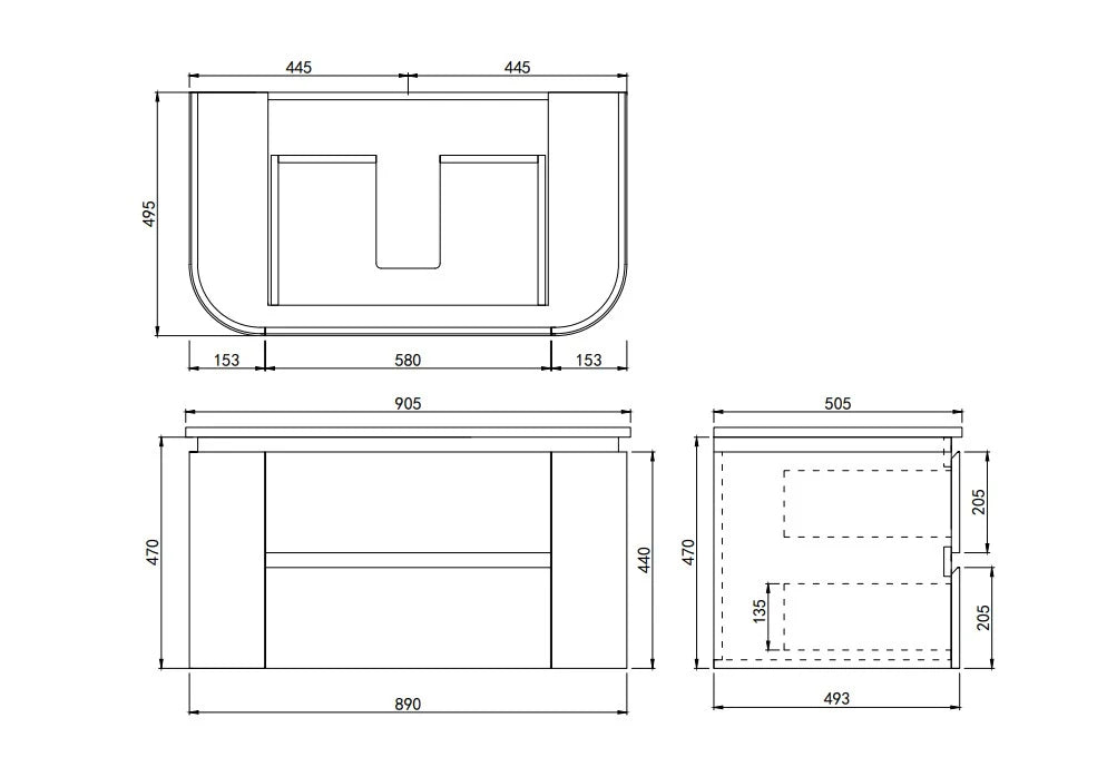 Lukka Devito 900mm Black & White PVC wall hung vanity dimensions drawing; top and basin sold separately