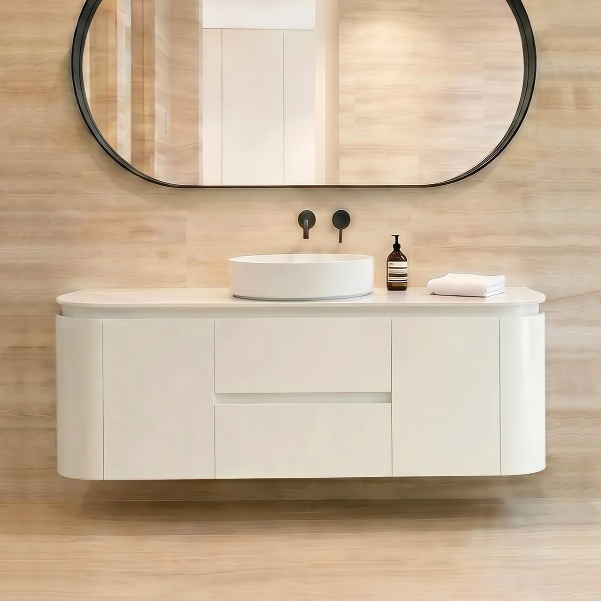 Lukka Devito 1200mm Matte White PVC wall hung vanity bathroom setting; top and basin sold separately