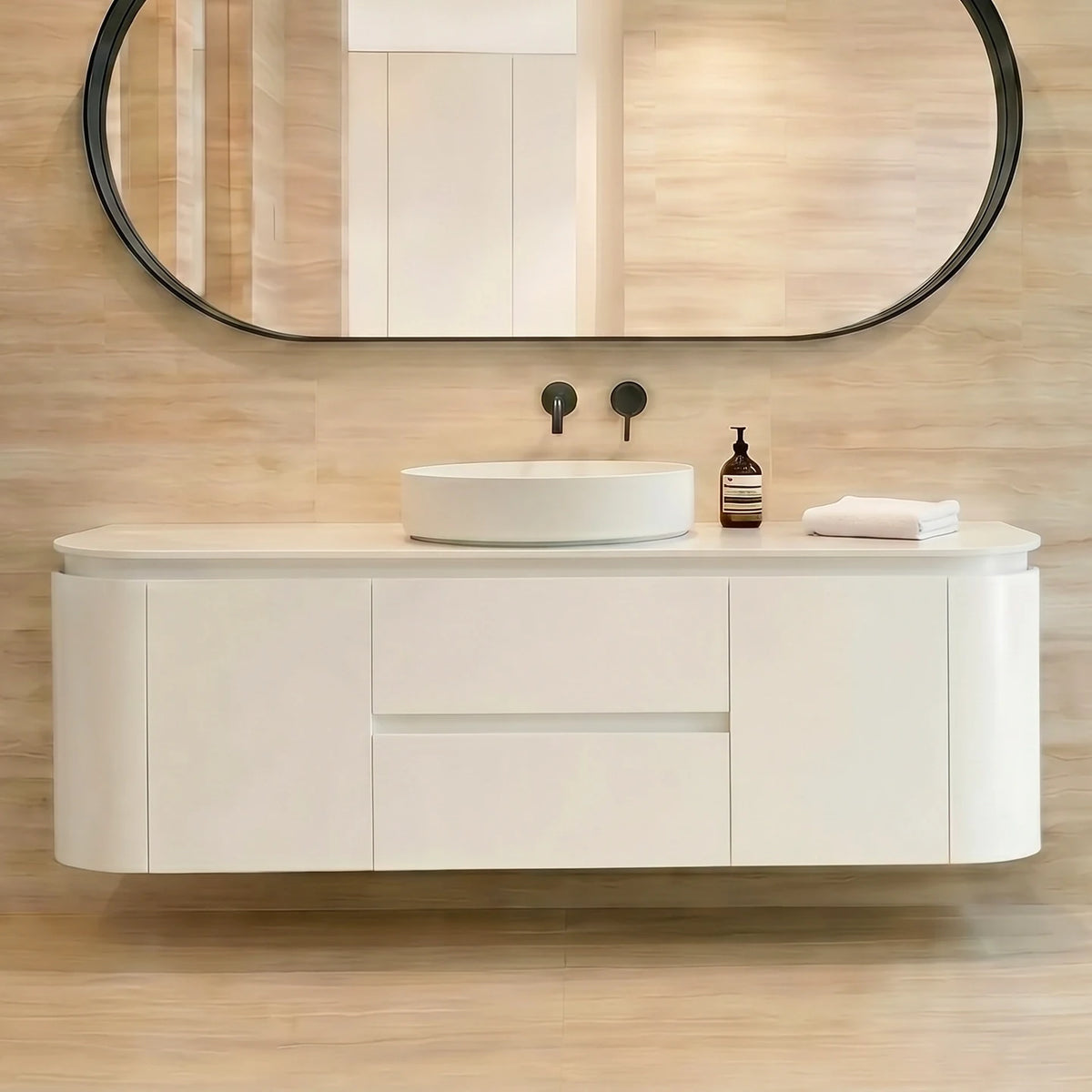 Lukka Devito 1500mm Matte White PVC wall hung vanity bathroom setting; top and basin sold separately