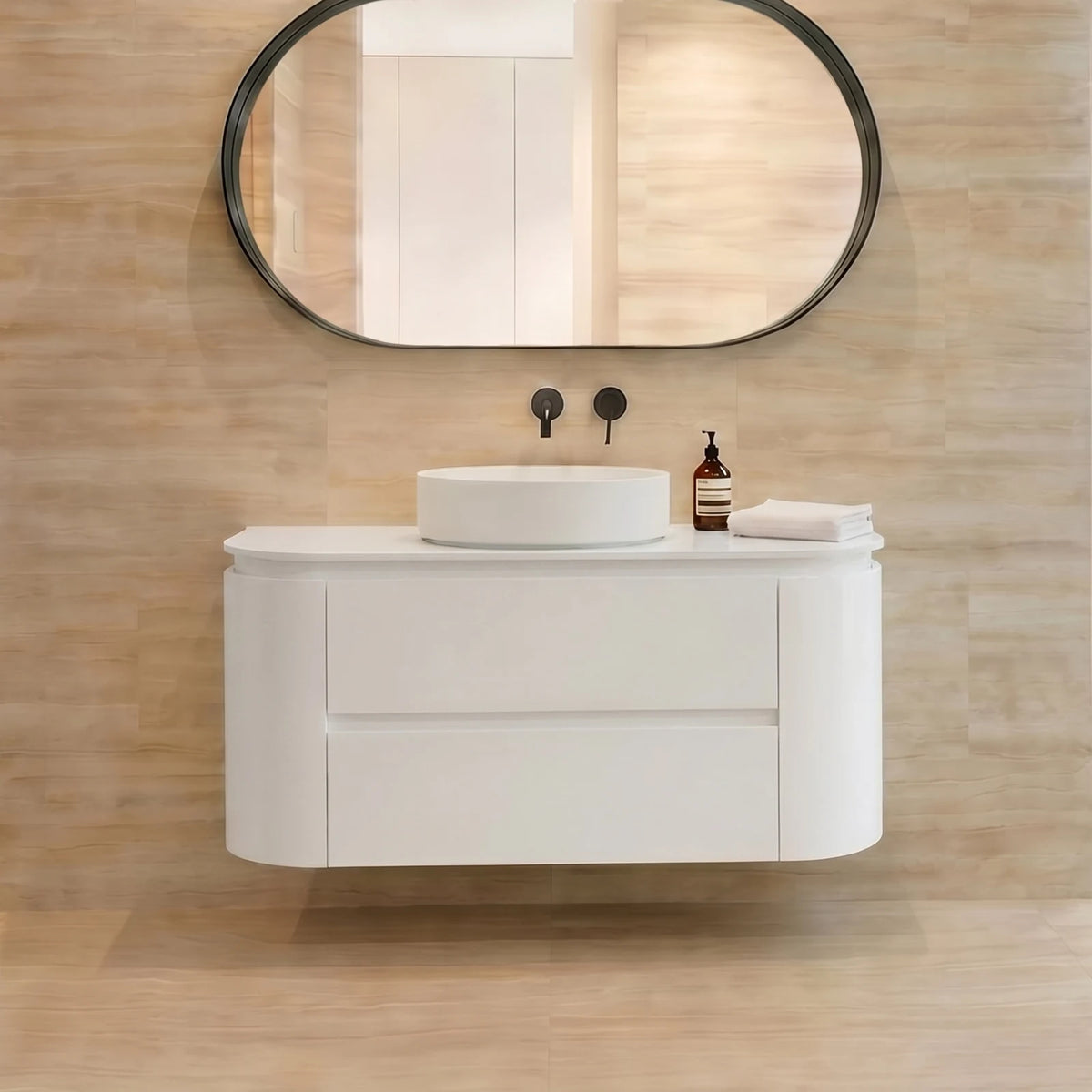 Lukka Devito 900mm Matte White PVC wall hung vanity bathroom setting; top and basin sold separately