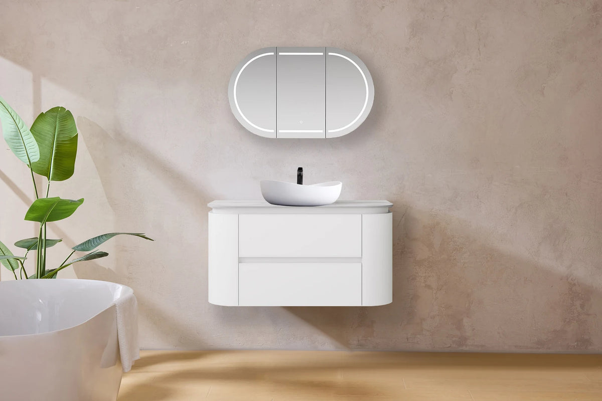 Lukka Devito 900mm Matte White PVC wall hung vanity detail view; top and basin sold separately